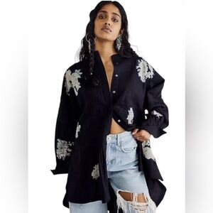 Free People Black Button-Up Mara Mini Dress/Tunic w Floral Appliqué